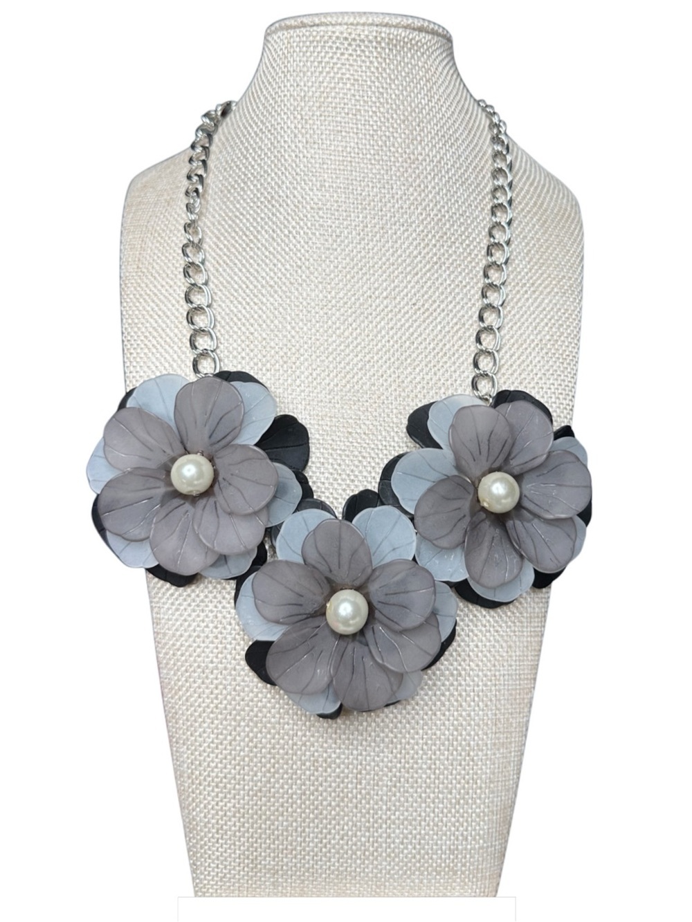 Bocar Gray Floral Pearl Accent Statement Necklace - Frosted Acrylic
